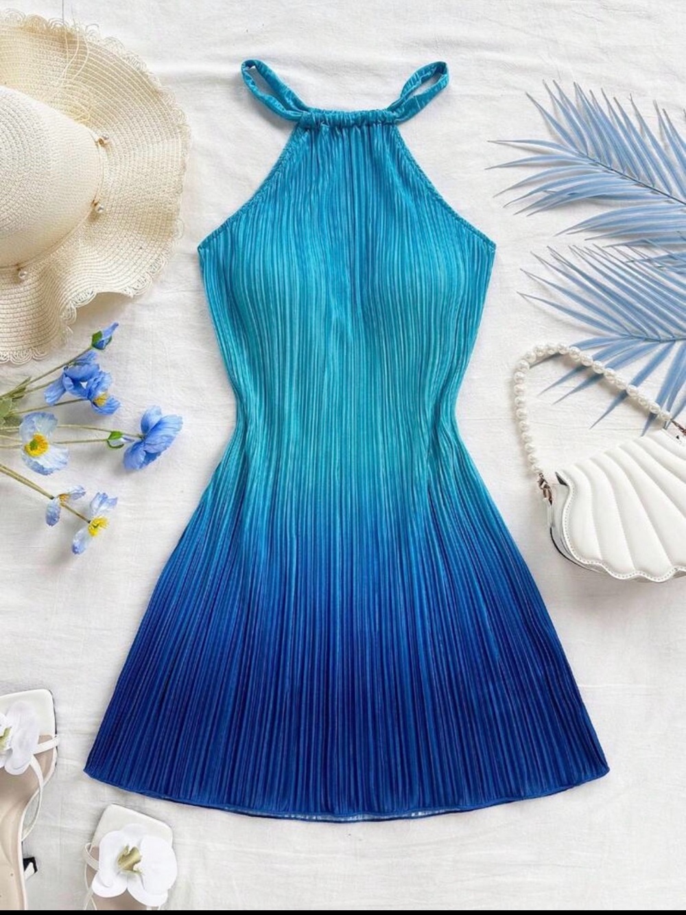 SHEIN Teal to Deep Blue Pleated Halter Mini Dress